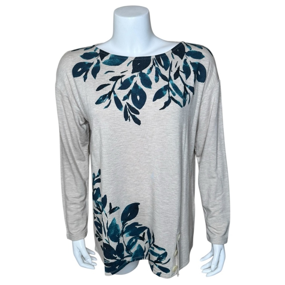Pure Jill Botanical Leaf Print Top Tee Tunic M Beige Teal Green